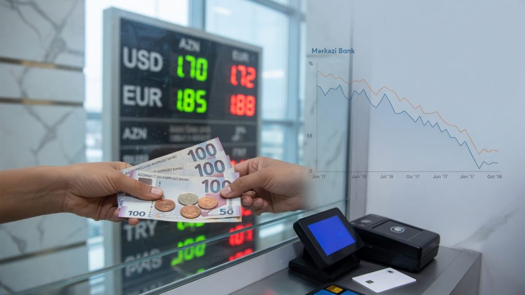 Close-up editorial photo at a Baku currency exchange counter: hands exchange Azerbaijani manat notes