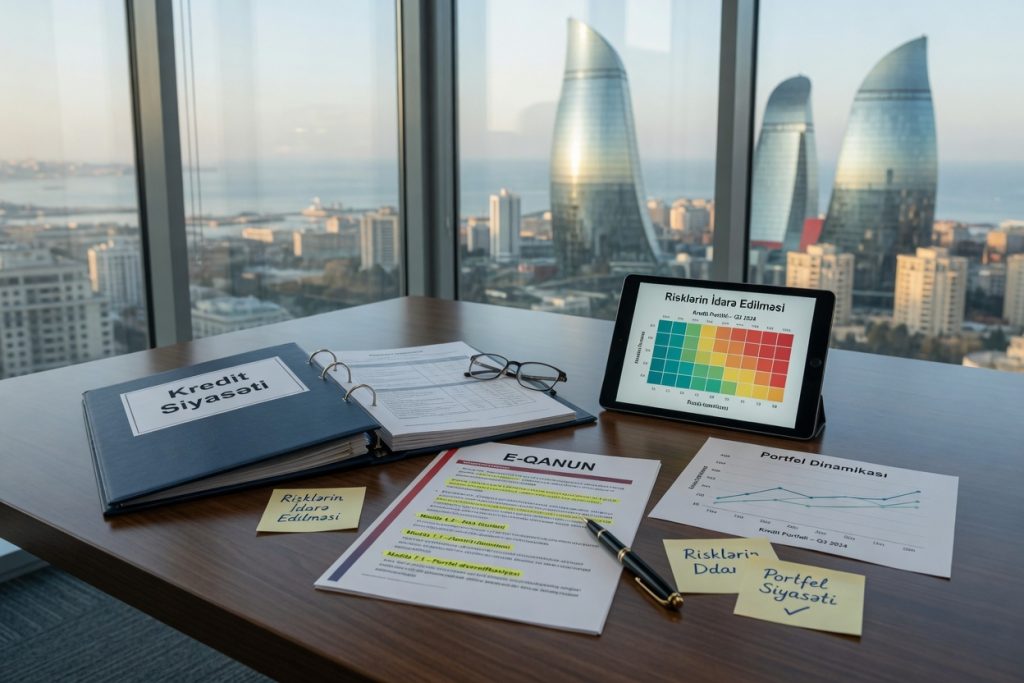 A clean editorial photo of a Baku bank boardroom table with a ‘Kredit Siyasəti’